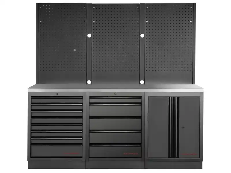 Dílenský stůl 2040x488x2000mm, 2 dveře + 13 zásuvek + záda, deska NEREZ MOBILIO BLACK dílenský nábytek