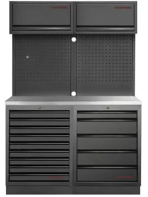 Dílenská stěna 1360x488x2000mm 14 zásuvek, deska NEREZ MOBILIO BLACK dílenský nábytek