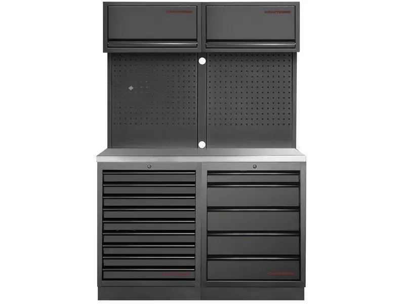 Dílenská stěna 1360x488x2000mm 14 zásuvek, deska NEREZ MOBILIO BLACK dílenský nábytek