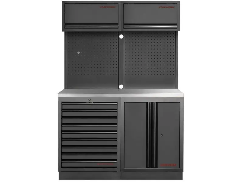 Dílenská stěna 1360x488x2000mm 9 zásuvek a skříňa, deska NEREZ MOBILIO BLACK dílenský nábytek