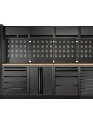 Dílenská stěna 4235x488x2000mm 18 zásuvek, 7 skříněk, deska Multiplex MOBILIO BLACK dílenský nábytek