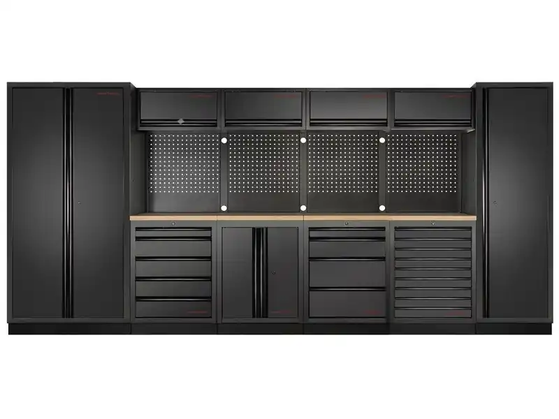Dílenská stěna 4235x488x2000mm 18 zásuvek, 7 skříněk, deska Multiplex MOBILIO BLACK dílenský nábytek