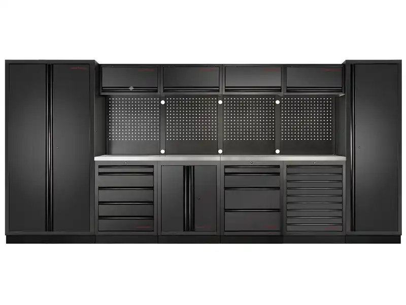 Dílenská stěna 4235x488x2000mm 18 zásuvek, 7 skříněk, deska NEREZ MOBILIO BLACK dílenský nábytek