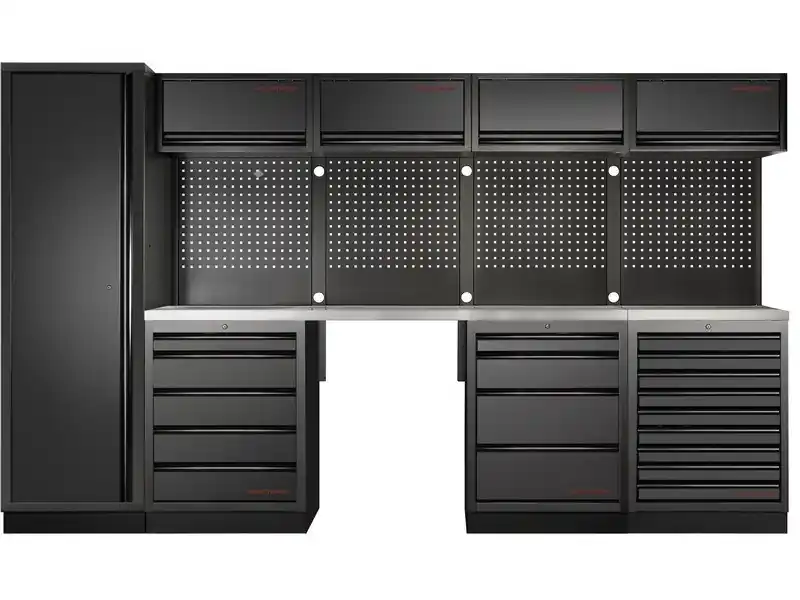 Dílenská stěna 4235x488x2000mm 18 zásuvek, 7 skříněk, deska NEREZ MOBILIO BLACK dílenský nábytek