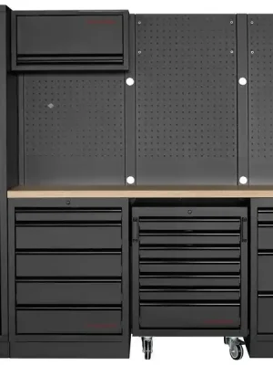 Dílenská stěna 2640x488x2000mm 9 zásuvek a vozík, deska Multiplex MOBILIO BLACK dílenský nábytek