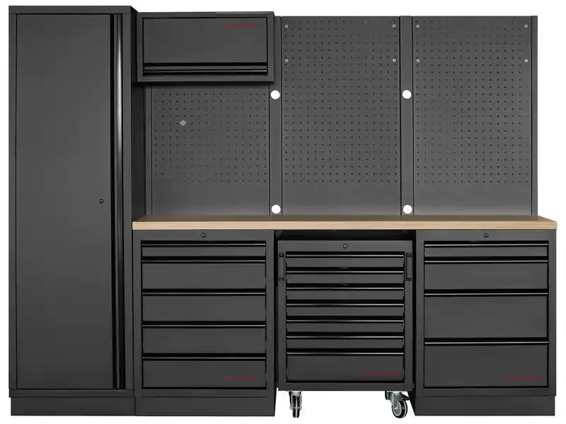 Dílenská stěna 2640x488x2000mm 9 zásuvek a vozík, deska Multiplex MOBILIO BLACK dílenský nábytek