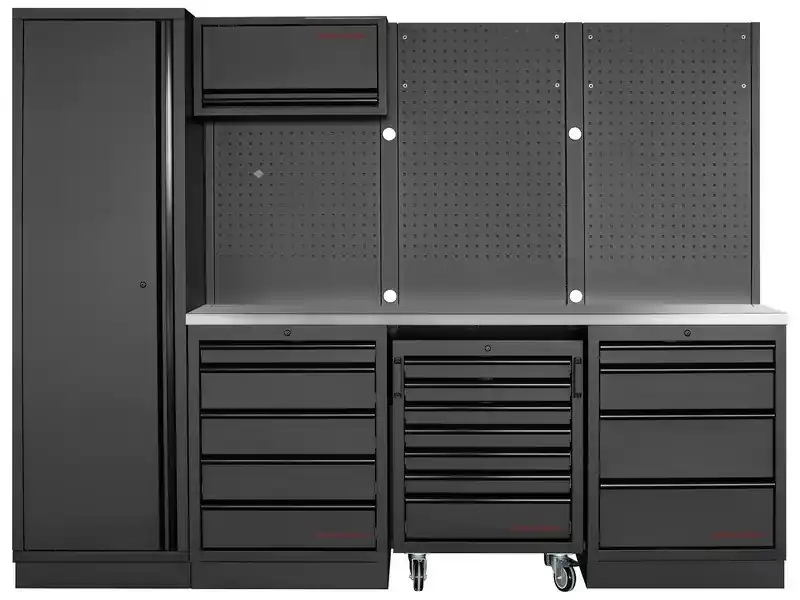 Dílenská stěna 2640x488x2000mm 9 zásuvek a vozík, deska NEREZ MOBILIO BLACK dílenský nábytek