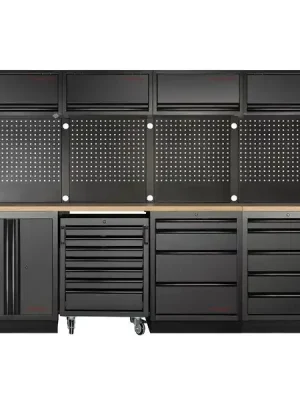 Dílenská stěna 3920x721x2000mm 9 zásuvek, skříňka a vozík, deska Multiplex EXTRA HLUBOKÁ MOBILIO BLACK dílenský nábytek