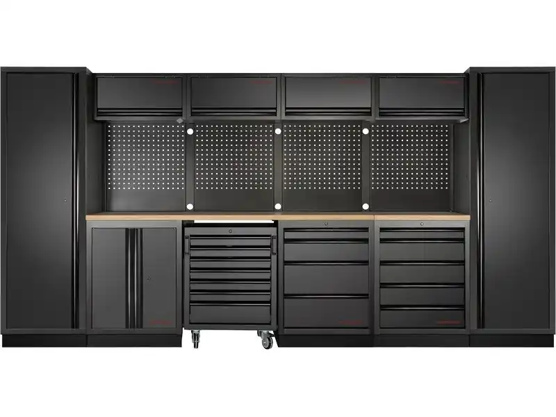 Dílenská stěna 3920x721x2000mm 9 zásuvek, skříňka a vozík, deska Multiplex EXTRA HLUBOKÁ MOBILIO BLACK dílenský nábytek