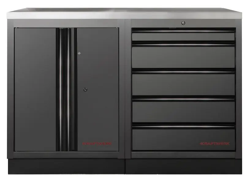 Dílenský stůl 1360x458x948mm, 2 dveře + 5 zásuvek, deska NEREZ MOBILIO BLACK dílenský nábytek