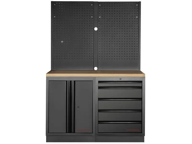 Dílenský stůl 1360x488x2000mm, 2 dveře + 5 zásuvek + záda, deska Multiplex MOBILIO BLACK dílenský nábytek