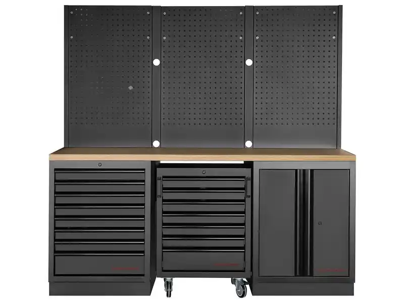 Dílenský stůl 2040x488x2000mm, 2 dveře + 15 zásuvek + záda, deska Multiplex MOBILIO BLACK dílenský nábytek