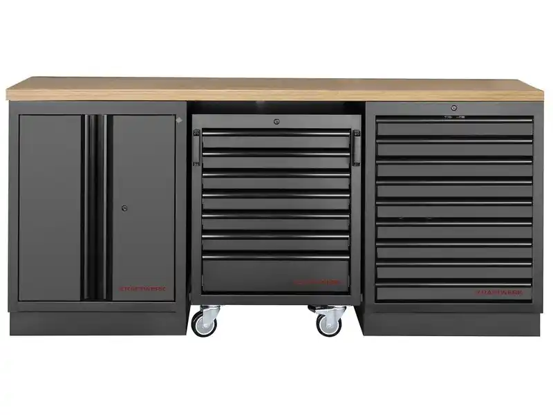 Dílenský stůl 2040x458x945mm, 2 dveře + 16 zásuvek, deska Multiplex MOBILIO BLACK dílenský nábytek