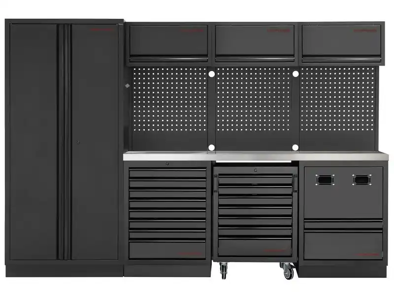 Dílenský stěna 2955x488x2000mm, 15 zásuvek + naviják, deska NEREZ MOBILIO BLACK dílenský nábytek