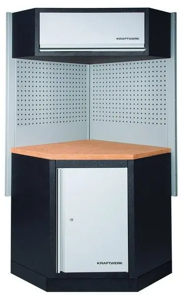 AKCE KW Dílenská stěna rohová 894/894x488x2000mm, deska Multiplex MOBILIO GREY dílenský nábytek