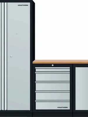 AKCE KW Dílenský stůl 2275x458x2000mm + skříň 4 dveře + 5 zásuvek, deska Multiplex MOBILIO GREY dílenský nábytek