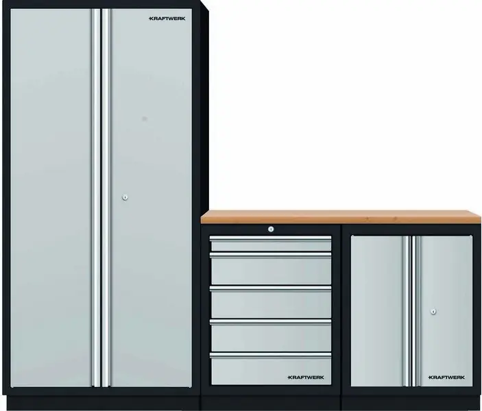 AKCE KW Dílenský stůl 2275x458x2000mm + skříň 4 dveře + 5 zásuvek, deska Multiplex MOBILIO GREY dílenský nábytek