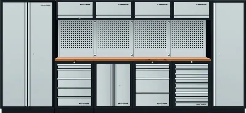 AKCE KW Dílenská stěna 4235x488x2000mm 18 zásuvek, 7 skříněk, deska Multiplex MOBILIO GREY dílenský nábytek
