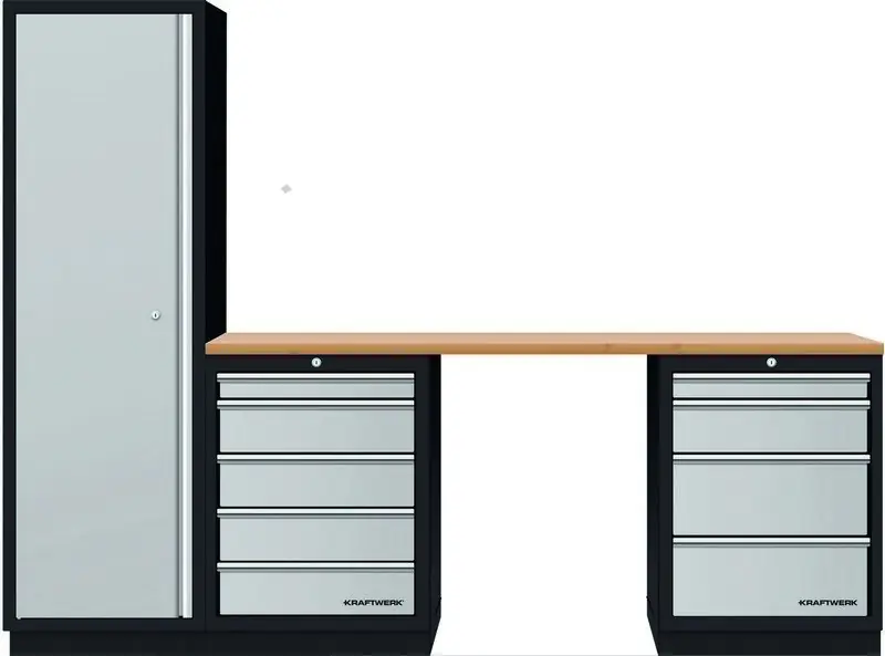 AKCE KW Dílenský stůl 2275x458x2000mm + skříň 1 dveře + 9 zásuvek, deska Multiplex MOBILIO GREY dílenský nábytek