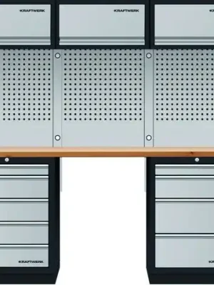 AKCE KW Dílenská stěna 3320x488x2000mm, deska Multiplex MOBILIO GREY dílenský nábytek