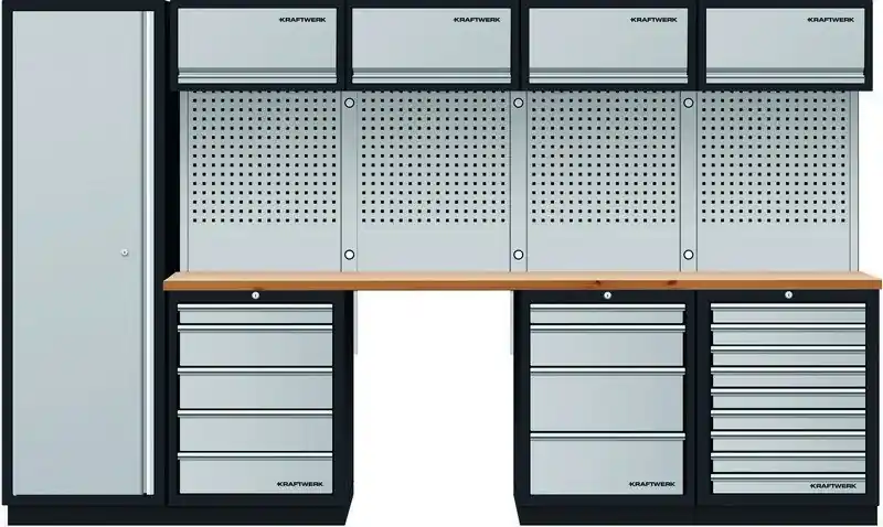 AKCE KW Dílenská stěna 3320x488x2000mm, deska Multiplex MOBILIO GREY dílenský nábytek