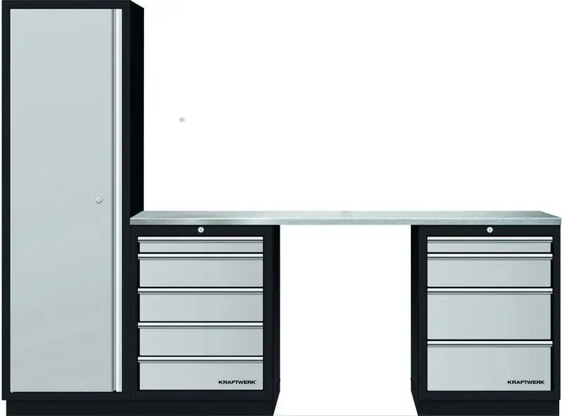 AKCE KW Dílenský stůl 2275x458x2000mm + skříň 1 dveře + 9 zásuvek, deska NEREZ MOBILIO GREY dílenský nábytek