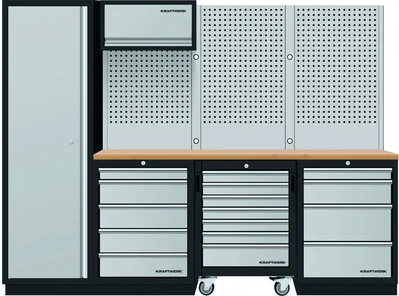 AKCE KW Dílenská stěna 2640x488x2000mm 9 zásuvek a vozík, deska Multiplex MOBILIO GREY dílenský nábytek