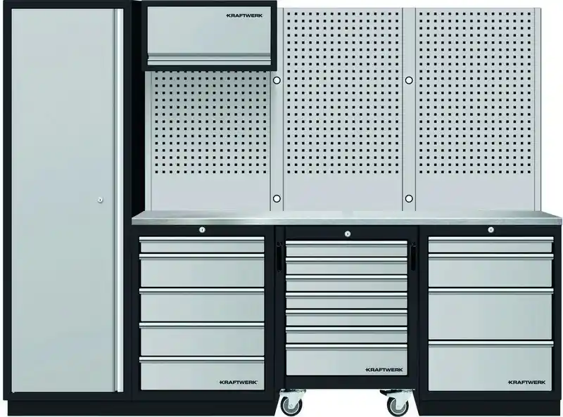 AKCE KW Dílenská stěna 2640x488x2000mm 9 zásuvek a vozík, deska NEREZ MOBILIO GREY dílenský nábytek