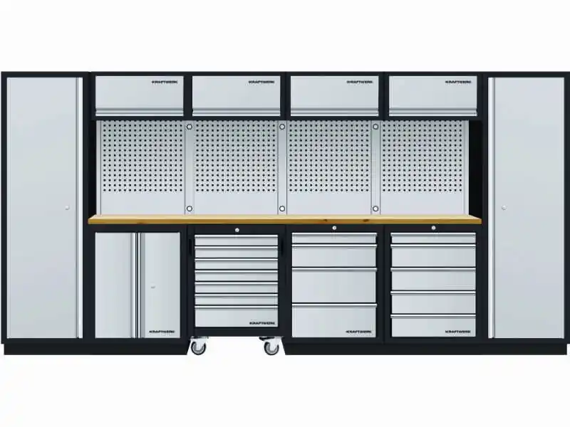 AKCE KW Dílenská stěna 3920x488x2000mm 9 zásuvek, skříňka a vozík, deska Multiplex EXTRA HLUBOKÁ MOBILIO GREY dílenský nábytek