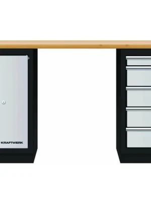AKCE KW Dílenský stůl 2040x458x945mm, 2 dveře + 5 zásuvek, deska Multiplex MOBILIO GREY dílenský nábytek
