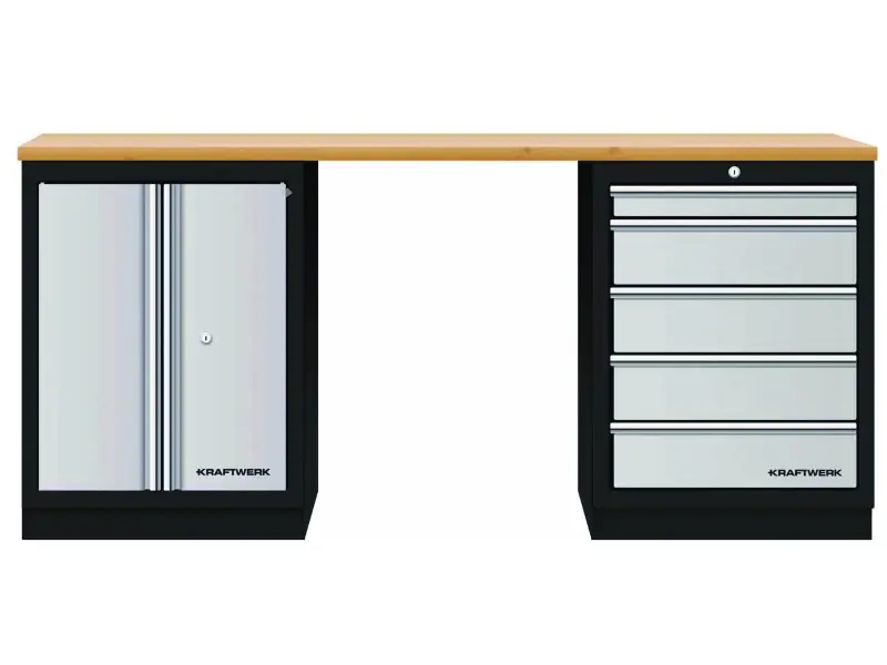 AKCE KW Dílenský stůl 2040x458x945mm, 2 dveře + 5 zásuvek, deska Multiplex MOBILIO GREY dílenský nábytek