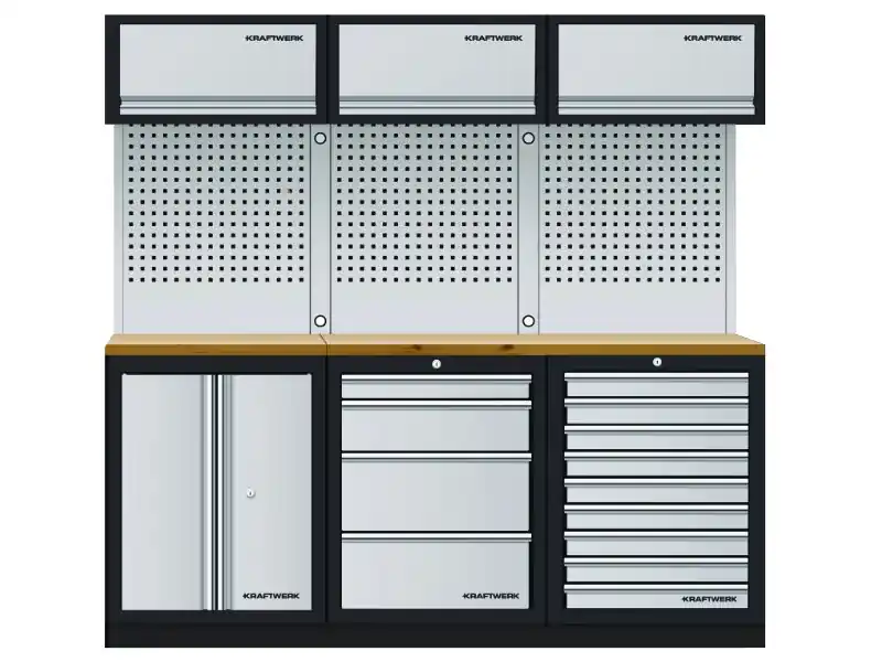 AKCE KW Dílenská stěna 2040x488x2000mm, deska Multiplex MOBILIO GREY dílenský nábytek