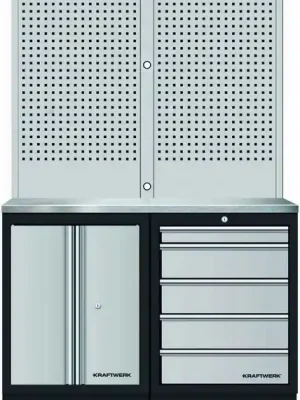 AKCE KW Dílenský stůl 1360x488x2000mm, 2 dveře + 5 zásuvek + záda, deska NEREZ MOBILIO GREY dílenský nábytek
