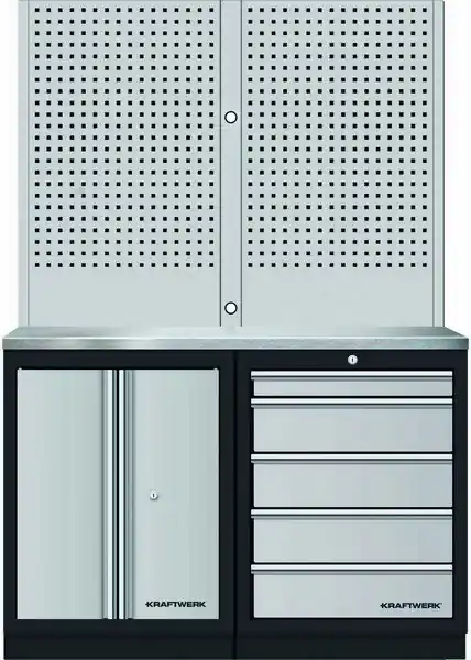 AKCE KW Dílenský stůl 1360x488x2000mm, 2 dveře + 5 zásuvek + záda, deska NEREZ MOBILIO GREY dílenský nábytek