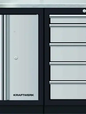 AKCE KW Dílenský stůl 1360x458x948mm, 2 dveře + 5 zásuvek, deska NEREZ MOBILIO GREY dílenský nábytek