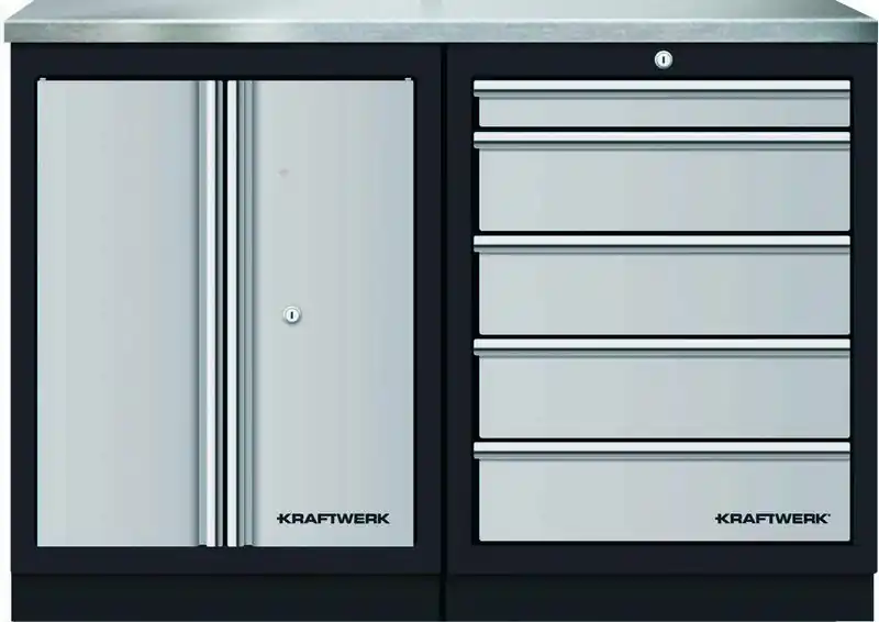 AKCE KW Dílenský stůl 1360x458x948mm, 2 dveře + 5 zásuvek, deska NEREZ MOBILIO GREY dílenský nábytek