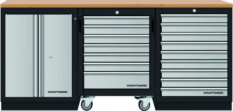 Dílenský stůl 2040x458x945mm, 2 dveře + 16 zásuvek, deska Multiplex MOBILIO GREY dílenský nábytek