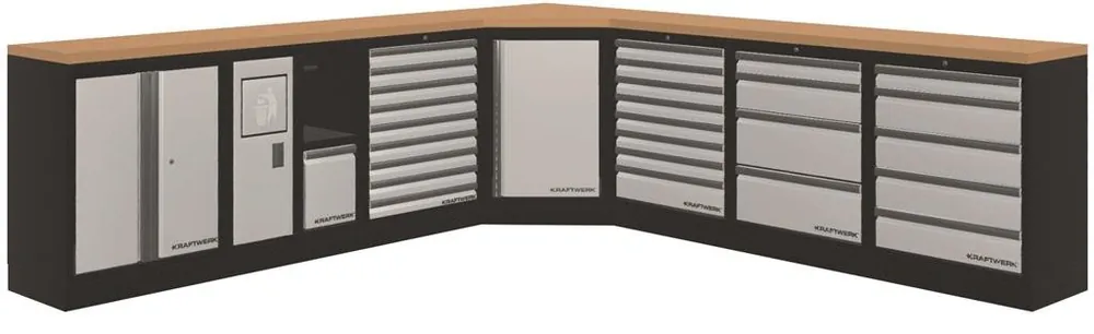 AKCE KW Dílenský stůl rohový 2904/2904x458x945mm, deska Multiplex MOBILIO GREY dílenský nábytek