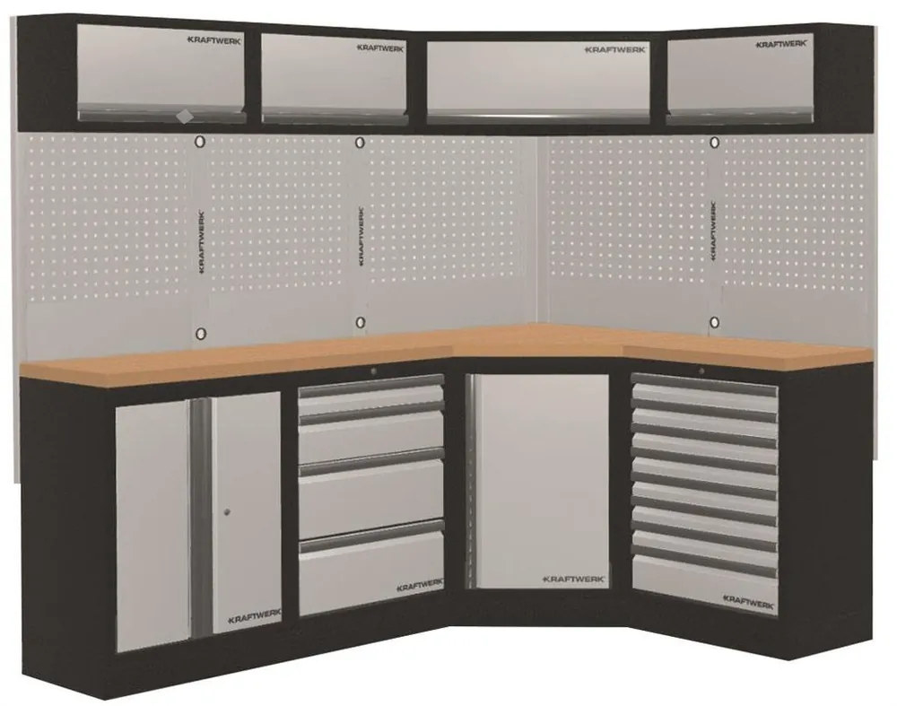 Dílenská stěna rohová 2254/1574x488x2000mm, deska Multiplex MOBILIO GREY dílenský nábytek