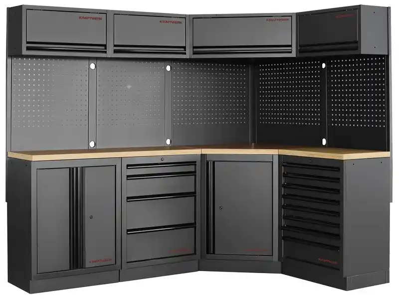 AKCE KW Dílenská stěna rohová 2254/1574x488x2000mm, deska Multiplex MOBILIO BLACK dílenský nábytek