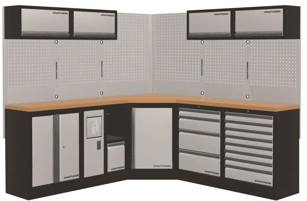 AKCE KW Dílenská stěna rohová 2254/2254x488x2000mm, deska Multiplex MOBILIO GREY dílenský nábytek