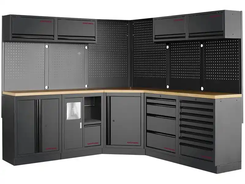 Dílenská stěna rohová 2224/22244x488x2000mm, deska Multiplex MOBILIO BLACK dílenský nábytek