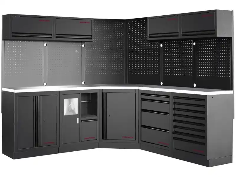 Dílenská stěna rohová 2224/2224x488x2000mm, deska NEREZ MOBILIO BLACK dílenský nábytek