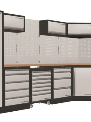 AKCE KW Dílenská stěna rohová 3849/2254x488x2000mm, deska Multiplex MOBILIO GREY dílenský nábytek