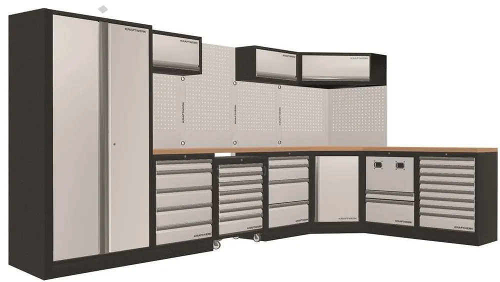 AKCE KW Dílenská stěna rohová 3849/2254x488x2000mm, deska Multiplex MOBILIO GREY dílenský nábytek