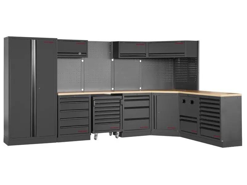 Dílenská stěna rohová 3819/2224x488x2000mm, deska Multiplex MOBILIO BLACK dílenský nábytek