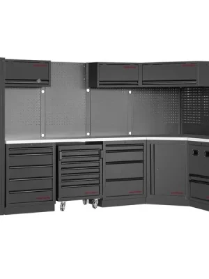 Dílenská stěna rohová 3819/2224x488x2000mm, deska NEREZ MOBILIO BLACK dílenský nábytek