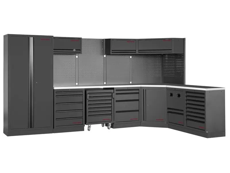 Dílenská stěna rohová 3819/2224x488x2000mm, deska NEREZ MOBILIO BLACK dílenský nábytek