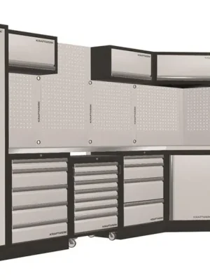 AKCE KW Dílenská stěna rohová 3849/2254x488x2000mm, deska NEREZ MOBILIO GREY dílenský nábytek