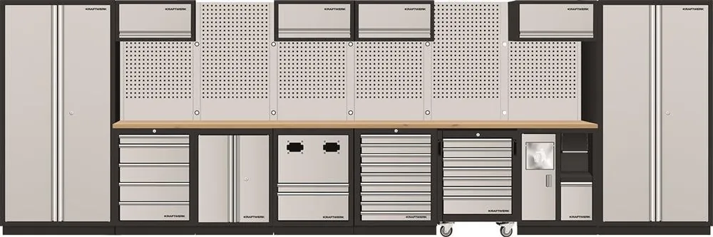AKCE KW Dílenská stěna 5910x488x2000mm, 24 zásuvek, 7 skříněk a vozík, deska Multiplex MOBILIO GREY dílenský nábytek